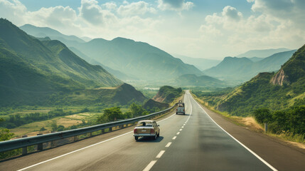 Scenic highway with car driving through lush green mountains on a sunny day, showcasing natural...
