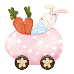 Easter rabbit sleeping in Easter egg car