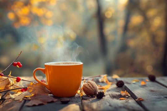 Cozy autumn themed picture. Centered coffee cup, surrended by leaves, cookies, pumpkin and other decorations.