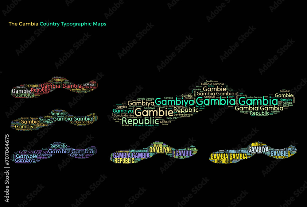 Poster gambia. set of typography style country illustrations. gambia map shape built of horizontal and vert