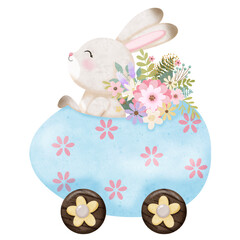 Easter rabbit in Easter egg car with flowers