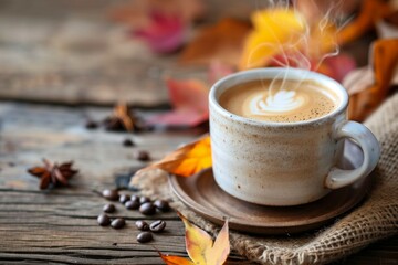 Cozy autumn themed picture. Centered coffee cup, surrended by leaves, cookies, pumpkin and other decorations.