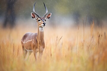 rain-soaked impala shaking off water in wet grass - obrazy, fototapety, plakaty
