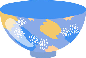 Blue ceramic bowl with yellow floral pattern, simple Scandinavian style design. Kitchenware, home decor vector illustration.