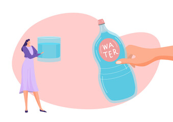 Woman choosing glass of water over plastic bottle. Making healthy choices, environmental awareness vector illustration