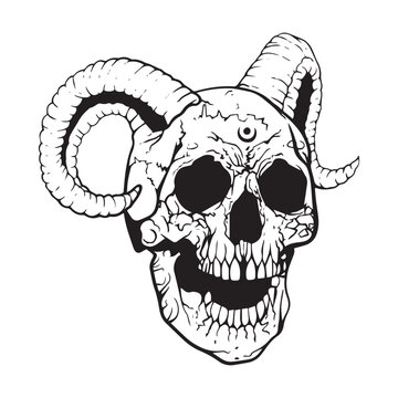 Vector outline of human skull with horns. Gothic tattoo. Occult. Idolatry. Devil. Baal. Demonology. Beelzebub. One of the seven princes of Hell in Christian demonology.