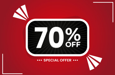 70% off. Red banner with 70 percent discount on a black balloon for mega big sales. 70% sale