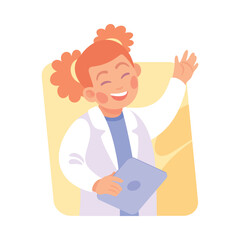 Fototapeta na wymiar Girl in Laboratory Coat with Tablet Talking Vector Illustration
