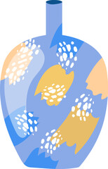 Abstract blue vase with yellow and white floral pattern. Stylish ceramic pottery design with modern decoration. Contemporary home decor and interior vector illustration.