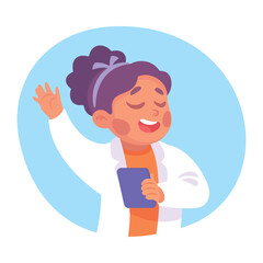 Girl in Laboratory Coat with Tablet Talking Vector Illustration