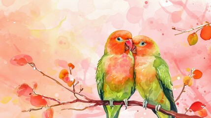 Watercolor Birds Lovebirds On The Branch Valentine's Day Illustration Love, Copy Space.