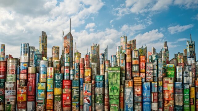 City made out of Aluminum Cans Background - Beautiful Aluminum Cans Cityscape -Aluminum Cans Skyline Wallpaper created with Generative AI Technology