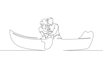 Lovers in a boat. A couple of young people are hugging in a boat that is sailing. Symbol of love.One continuous line drawing. Linear. Hand drawn, white background. One line