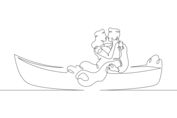 Lovers in a boat. A couple of young people are hugging in a boat that is sailing. Symbol of love.One continuous line drawing. Linear. Hand drawn, white background. One line