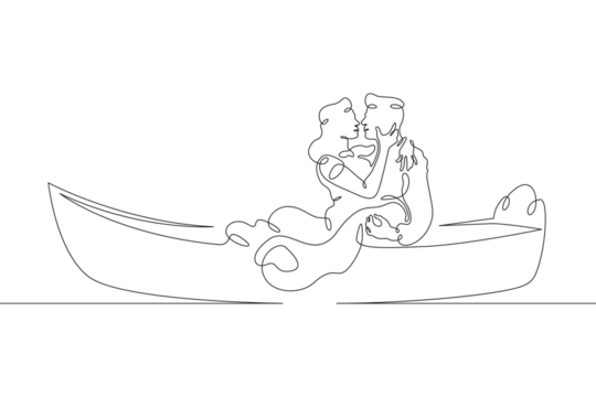 Lovers in a boat. A couple of young people are hugging in a boat that is sailing. Symbol of love.One continuous line drawing. Linear. Hand drawn, white background. One line