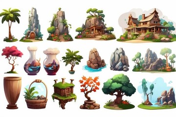 Set of isolated buildings, trees, stones, rocks, plants, island, flying land and natural elements on white background