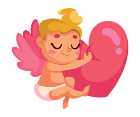 Cupid Baby Boy with Pink Wings Embrace Heart Vector Illustration