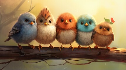 Some cute little birds sparrows tree branch wallpaper image Ai generated art - obrazy, fototapety, plakaty