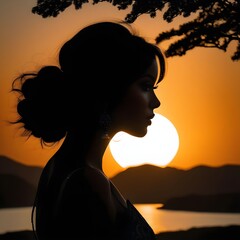 Silhouette of a girl in the sunset. AI generated art