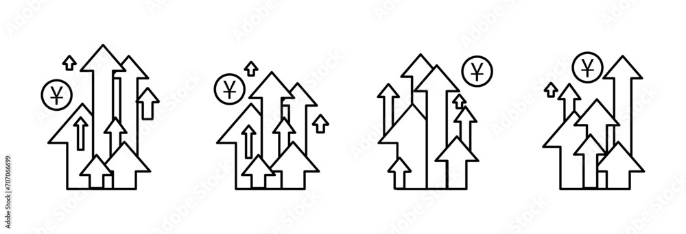 Poster a set of various up arrows. line vector icons. yuan sign.
