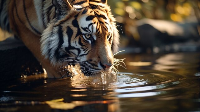 Tiger drinking water res siberian animal wallpaper image Ai generated art