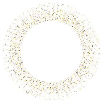 Golden glitter frame circle shape. Gold sparkles confetti border effect on transparent background. Vector Illustration.