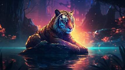 Tiger sitting river bank neon lights animal wallpaper image Ai generated art