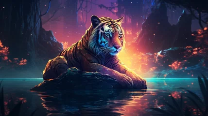 Poster Tiger sitting river bank neon lights animal wallpaper image Ai generated art © Manik007