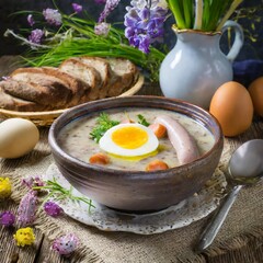 Żurek z jajkiem i białą kiełbasą - tradycyjna polska potrawa wielkanocna - obrazy, fototapety, plakaty