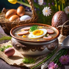 Żurek z jajkiem i białą kiełbasą - tradycyjna polska potrawa wielkanocna - obrazy, fototapety, plakaty