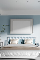 Blue bedroom interior with bed and frame mockup . 3d rendering