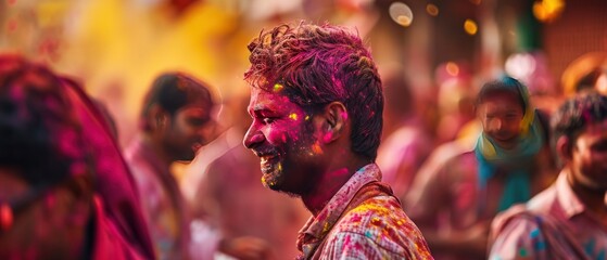 Unidentified people at the Holi festival. View of unknowns people attending a religious ceremony. Colorful Holi. Portrait of happy friends at holi color festival. Holi Celebration. Holi Concept.