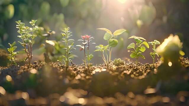 Seedling are growing from the rich soil to the morning sunlight that is shining, seedling, cultivation. agriculture, horticulture. plant growth evolution from seed to sapling, ecology concept. Young p