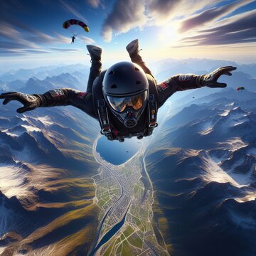 A skydiver in mid-air with a camera attached to the helmet, mountains and city below, another skydiver with an open parachute in the distance, dramatic lighting.