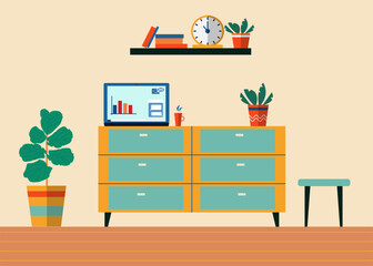  Room with chest of drawers, bookshelves and laptop and house plant. Vector flat style illustration.