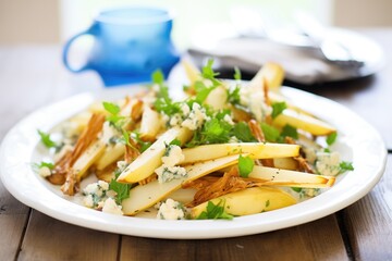 platter of roasted parsnips and pear salad, crumbled blue cheese - obrazy, fototapety, plakaty