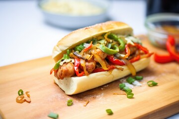 sausage and peppers with onions on a hoagie roll