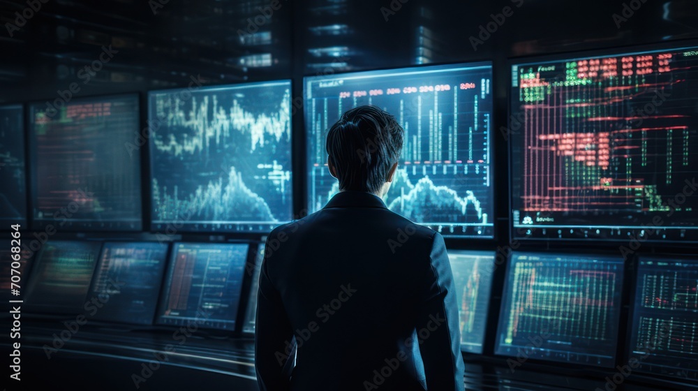 Poster a business man is looking at a presentation diagram statistic report on the screen