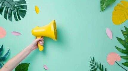Megaphone in woman hands on a green background. Copy space. - obrazy, fototapety, plakaty