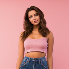 Pretty Latin model with brunette hair poses in denim jeans and crop top. Isolated on a pink background. ai generative - obrazy, fototapety, plakaty
