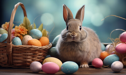 Fototapeta na wymiar Easter bunny with a basket of colorful eggs. Created by artificial intelligence.