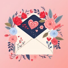 happy valentine's day banner with flowers in envelope