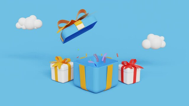 Open present box or gift box with confetti. Referral award, sale promotion, referring friends, affiliate marketing concept. Suitable for web landing page, ui, mobile app. 4k 3d animation