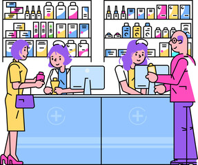Customer at pharmacy counter talking to pharmacist. Medicine and healthcare service scene in drugstore. Professional consultation and prescription vector illustration.