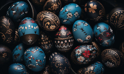 Decorated easter eggs on a black background. Generated by artificial intelligence. 