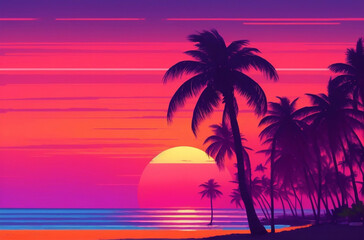 Fototapeta na wymiar A mesmerizing sunset paints the sky with vibrant hues as palm trees silhouette against the radiant backdrop - a tropical paradise awaiting your arrival.