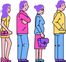 Four people standing in profile, line art style. Adult males and females, casual attire, no background. Social distancing concept, queue illustration.
