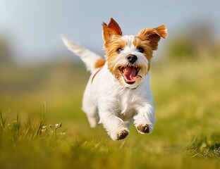 jack russell terrier running on a field 