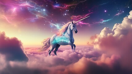 Magic unicorn fantastic starry sky with fluffy wallpaper image Ai generated art