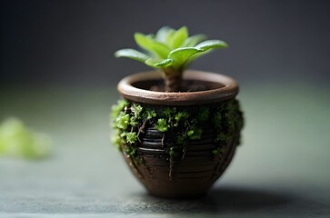 tiny green plant in classic flowerpot close-up photograph, plant macro photograph